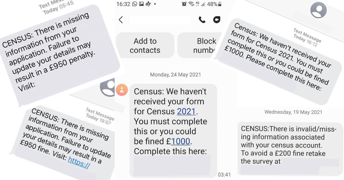 Examples of Cenus text scam, asking you to fill in a form or you will receive a fine.