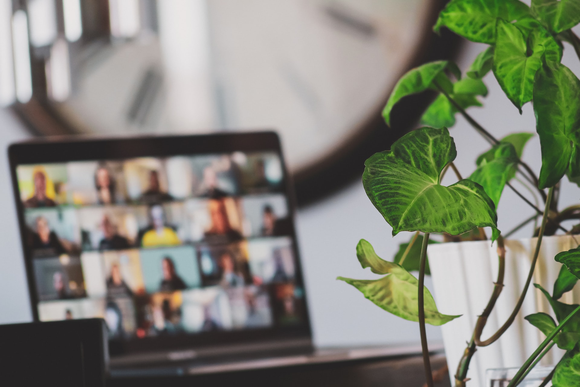 Open laptop with a blurred virtual meeting taking place.